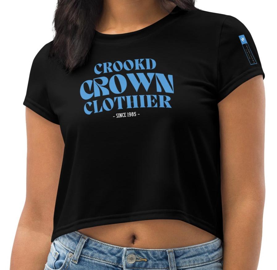 Crookd Crown Print Crop Top – Black & Blue