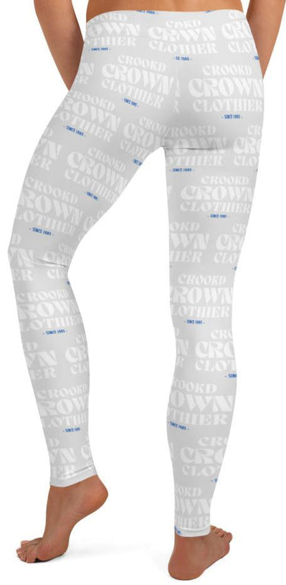 Crookd Crown Print Active Wear Leggings - Light Gray and White back