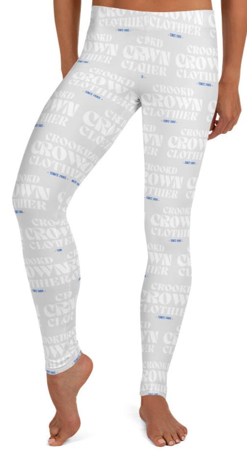Crookd Crown Print Active Wear Leggings - Light Gray and White