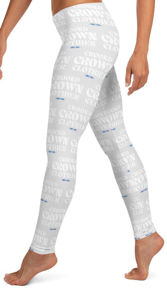 Crookd Crown Print Active Wear Leggings - Light Gray and White left