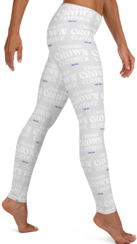 Crookd Crown Print Active Wear Leggings - Light Gray and White right